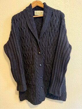 Irish Merino Cable Knit Long Cardigan Sweater - Navy